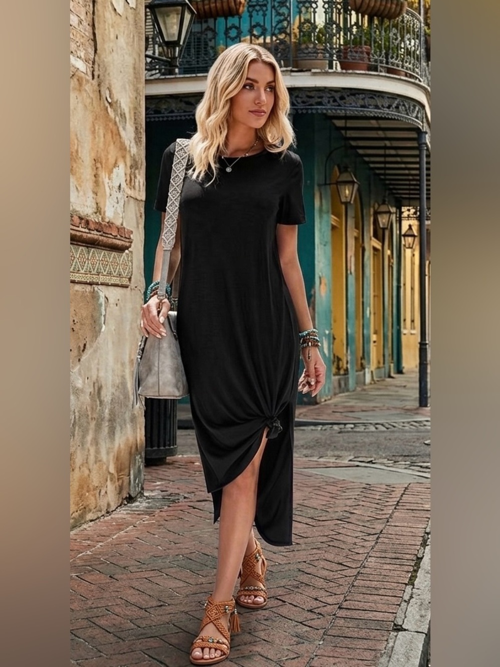 French Atmosphere Black Knot Front Maxi Dress Plus 2X Pockets Short Sleeve